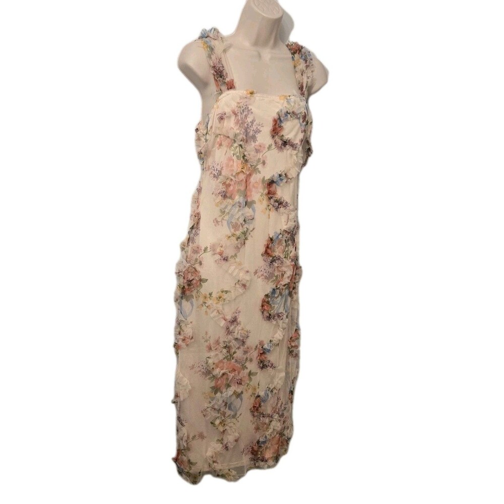 Women's 3D Ruffle Floral Bodycon Dress L Coquette Fairy Pastel Mermaidcore Soft
